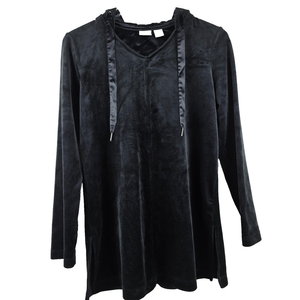 Chico's Zenergy Women US 4/6 Black Velour Hooded Tunic Plush Sweatshirt